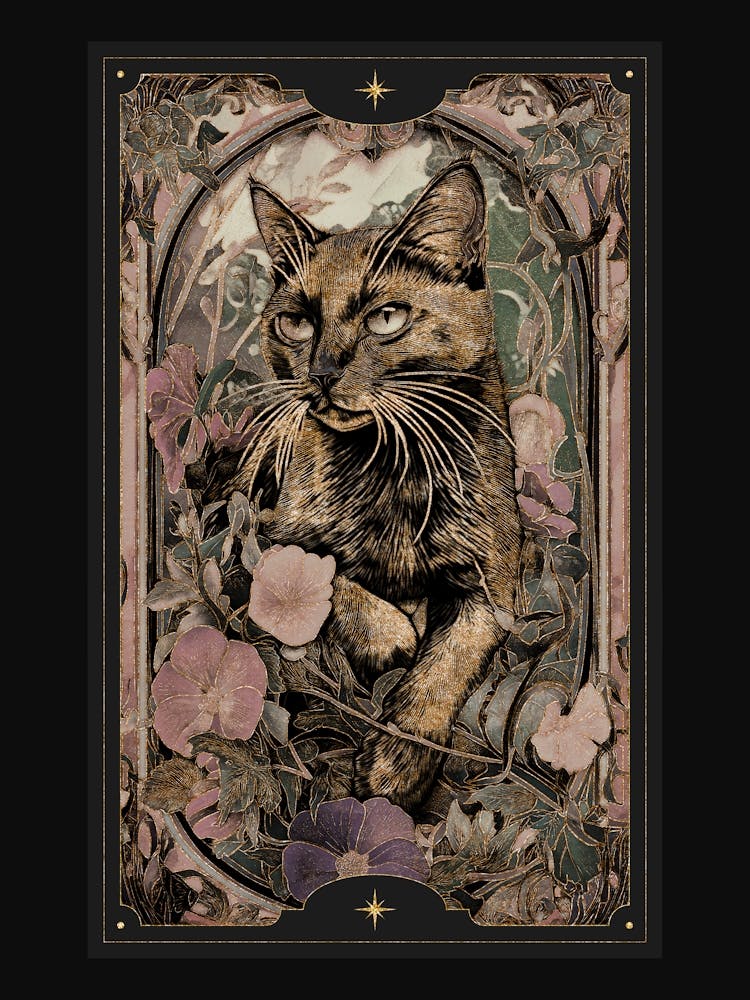 Alphonse Mucha-inspired black cat and ornate florals with gold accents in a dark cottagecore aesthetic with stained glass effect, Gothic Art Nouveau style witchy artwork perfect for libraries, vintage-themed rooms, moody interior 1