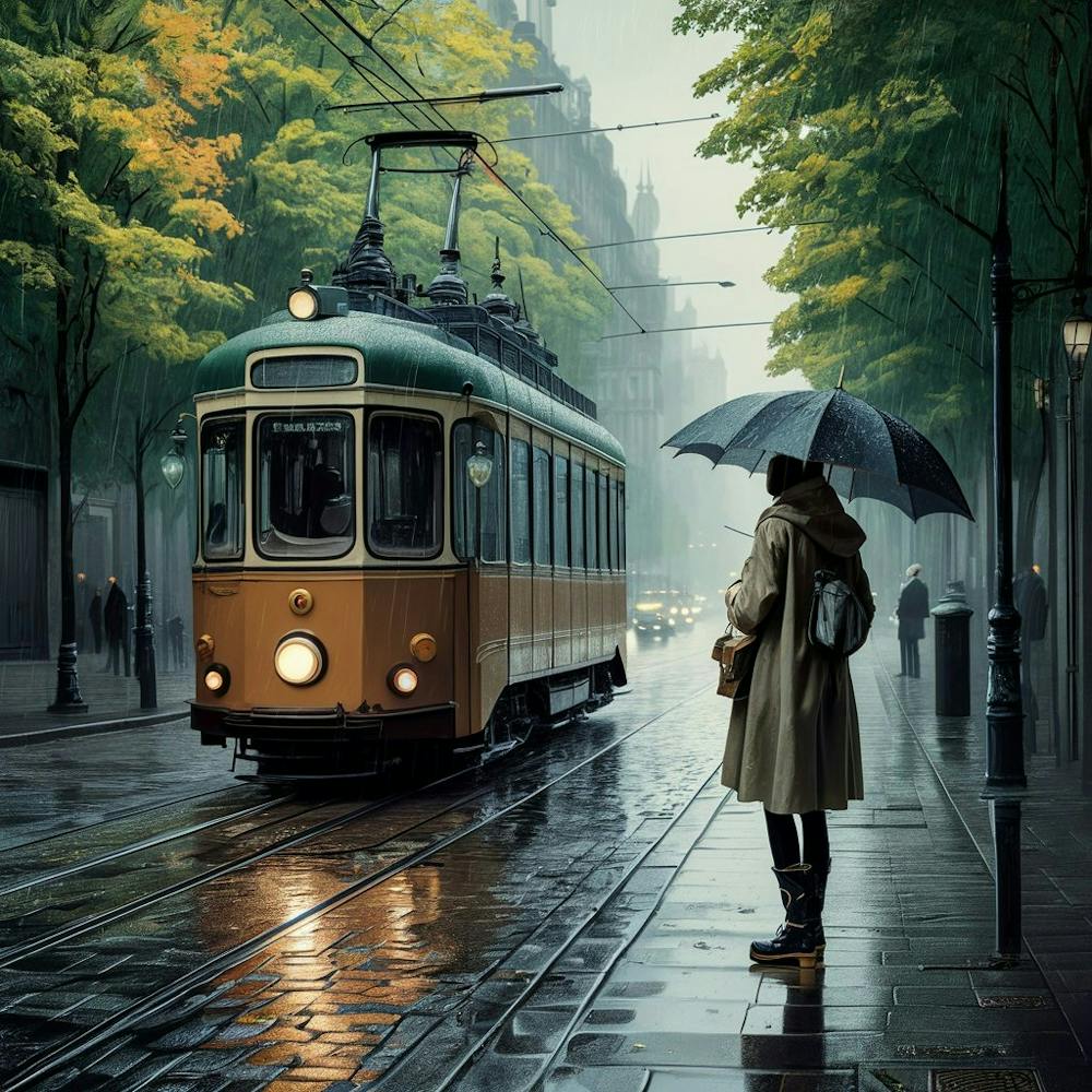 Vintage Tram Urban Scene—a nostalgic image featuring a classic tram on wet city tracks, complemented by an autumnal urban backdrop and a solitary figure with an umbrella