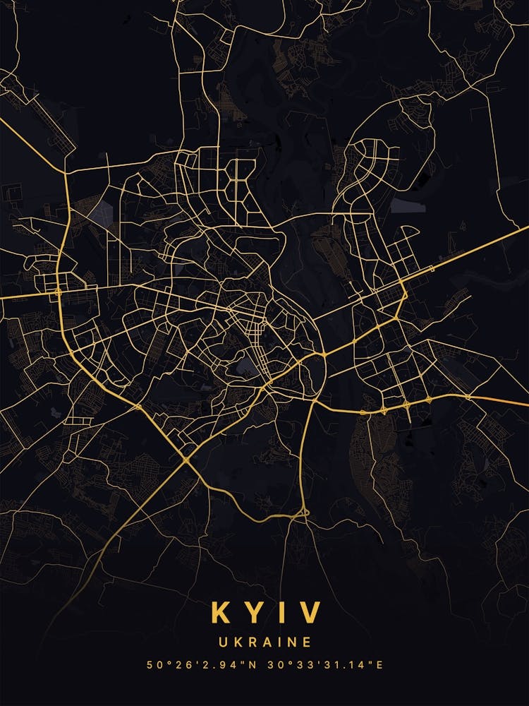 Kyiv Ukraine Black And Gold Map