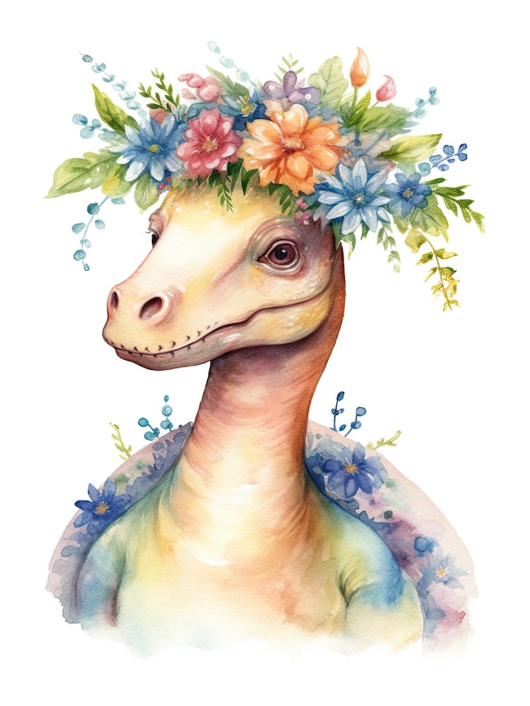 Diplodocus With A Crown Of Flowers Cute Dinosaur Watercolour 3
