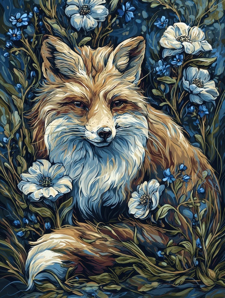 Fox In Blue Flowers 1