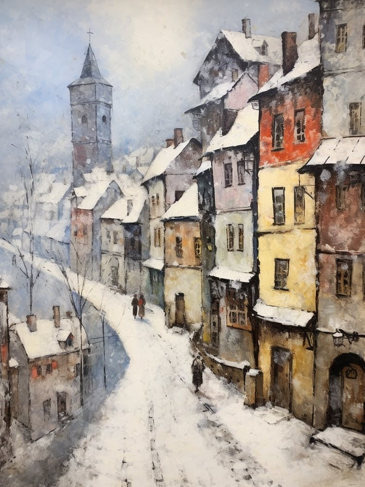 Vintage Winter Painting Cesky Krumloy Czech Republic