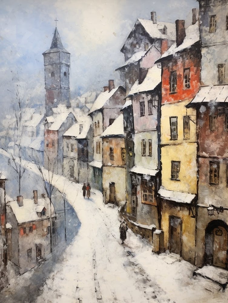 Vintage Winter Painting Cesky Krumloy Czech Republic