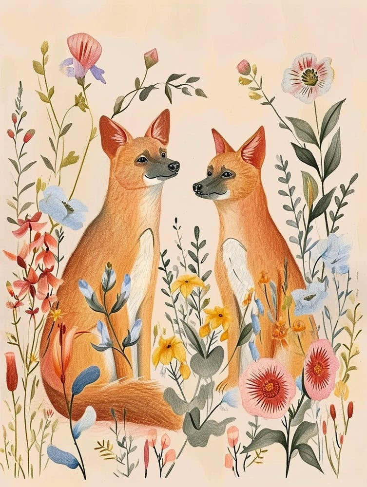 Folksy Floral Animal Drawing Coyote