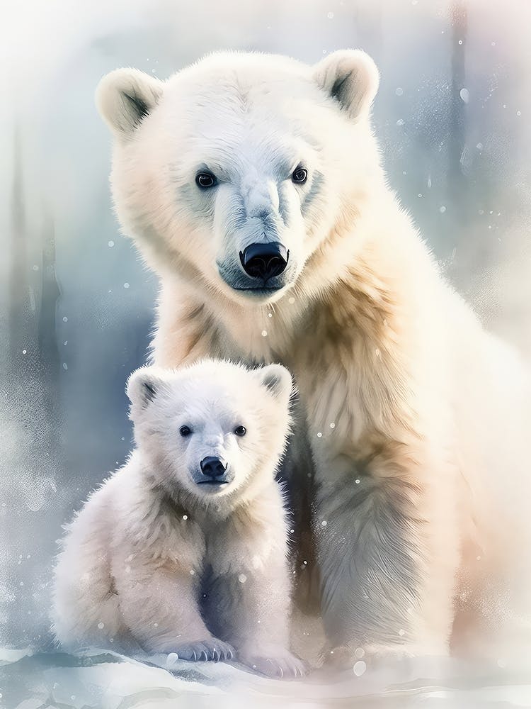 Cub Polar Bear With Mom Watercolor