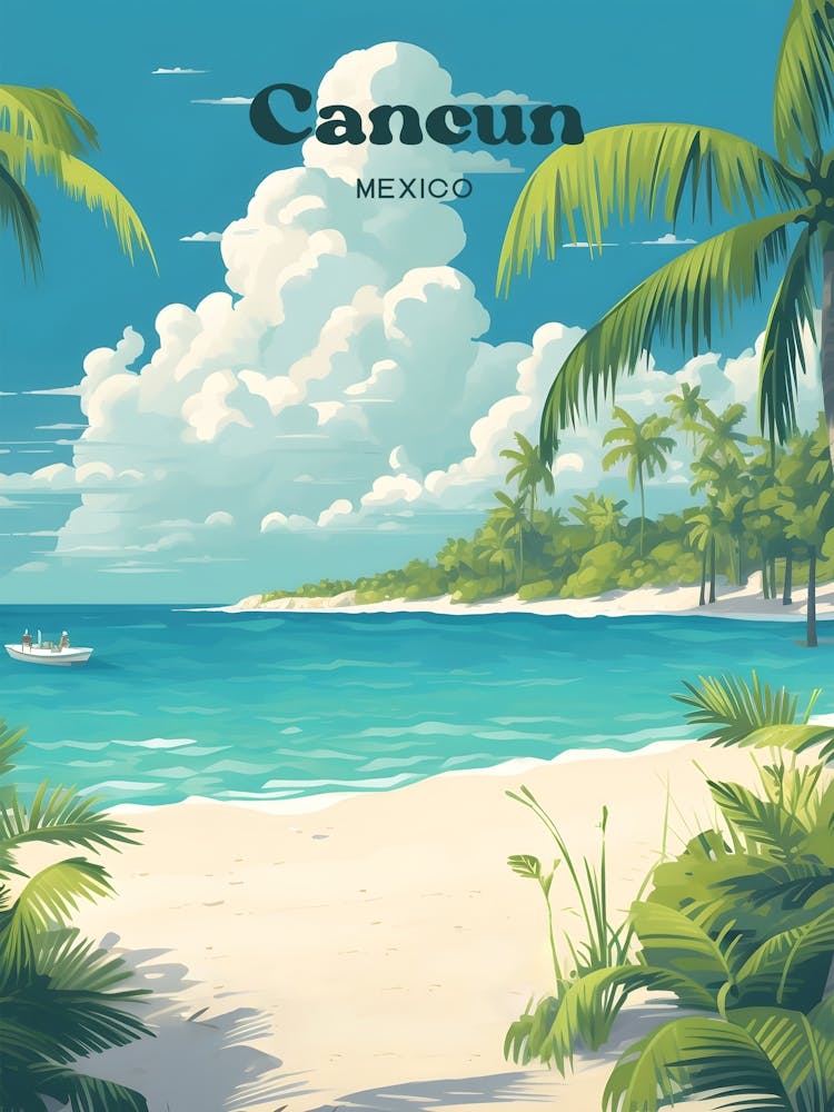 Cancun Mexico Vintage Beach Vacation Travel Art Illustration
