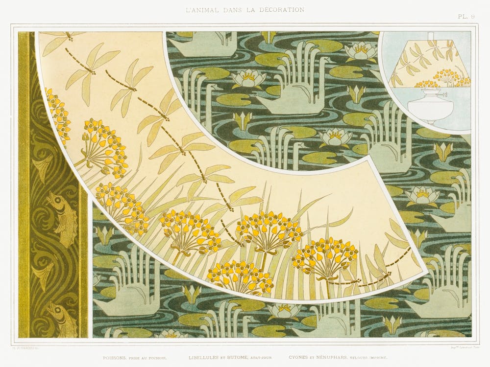 Pisces, Dragonflies And Butome; Swans And Water Lilies From The Animal In The Decoration (1897), Maurice Pillard Verneuil