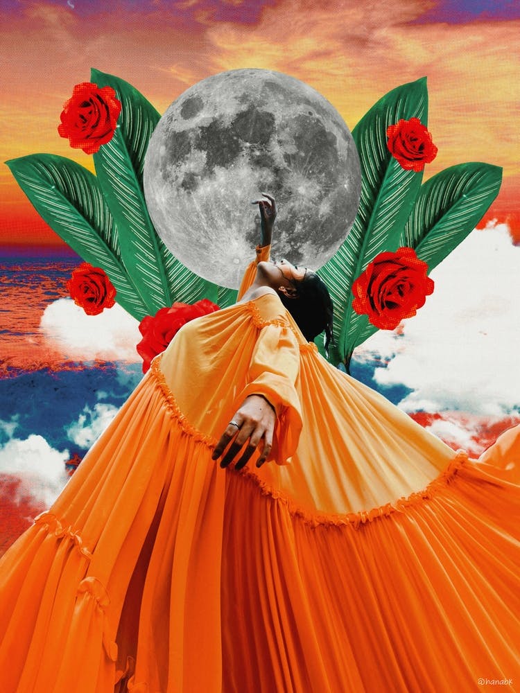 Dance Goddess Sunset Moon Collage Orange