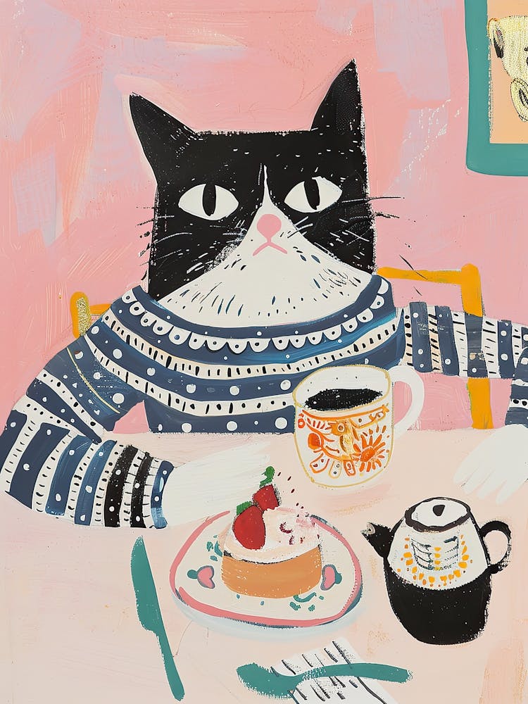 Black And White Cat Having Breakfast Folk Illustration 2