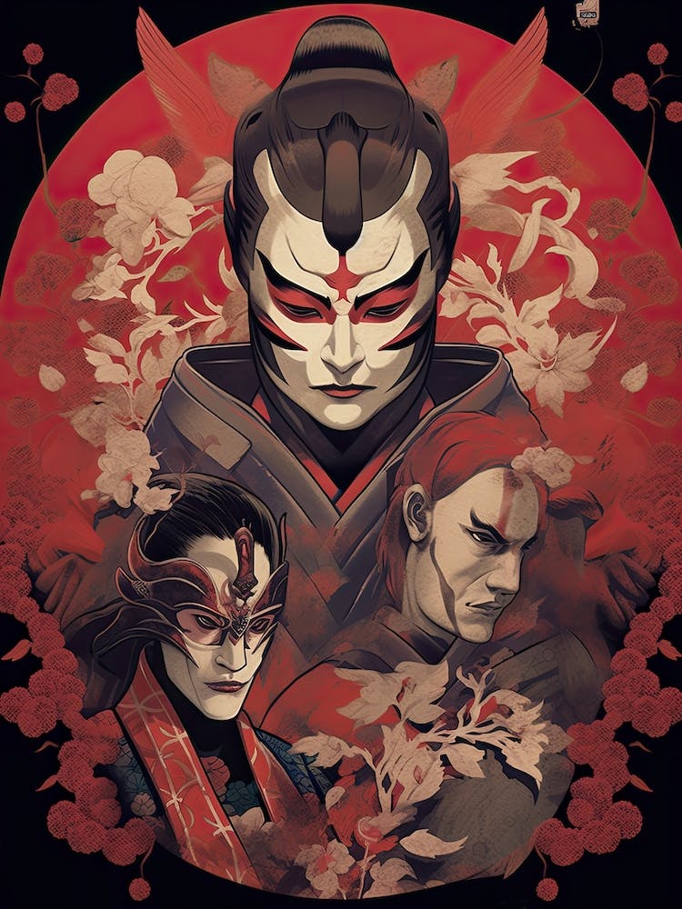 Samurai Noh And Kabuki Theater Style Illustration 3