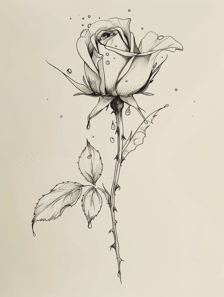 English Rose Dew Line Drawing 4