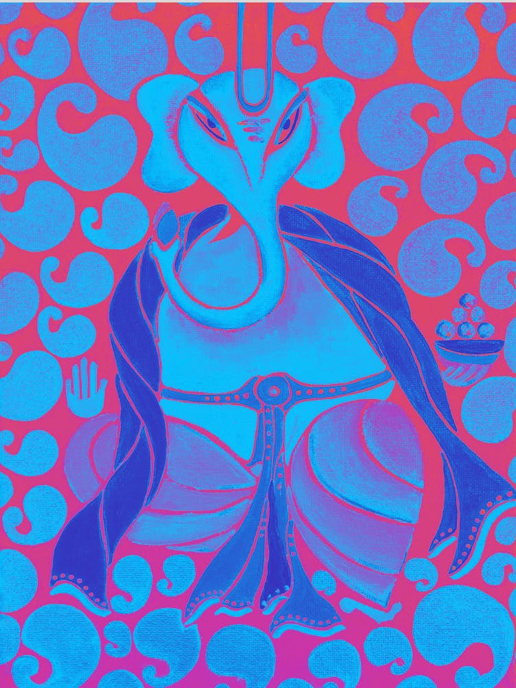 Mesmerising red and blue oil painting of Ganesha by DollyJ