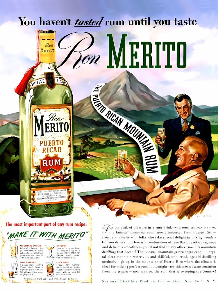 Ron Merito, Puerto Rico Mountain Distilled Rum, Two Gentlemen and a Big Bottle, Vintage Advertising Poster