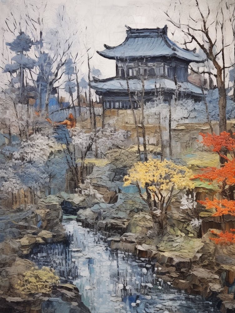 Winter City Park Painting Kenrokuen Garden Kanazawa Japan 4