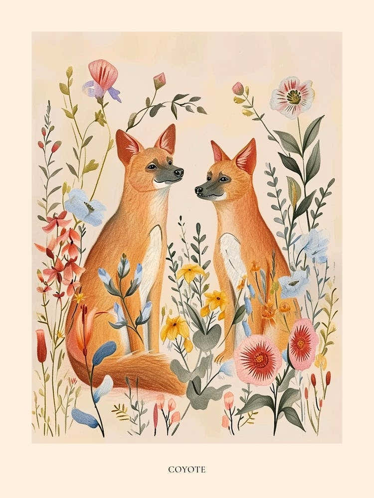 Folksy Floral Animal Drawing Coyote Poster
