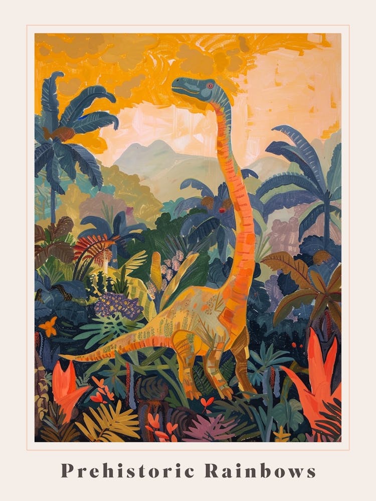 Colourful Warm Tones Dinosaur In The Jungle Painting Poster