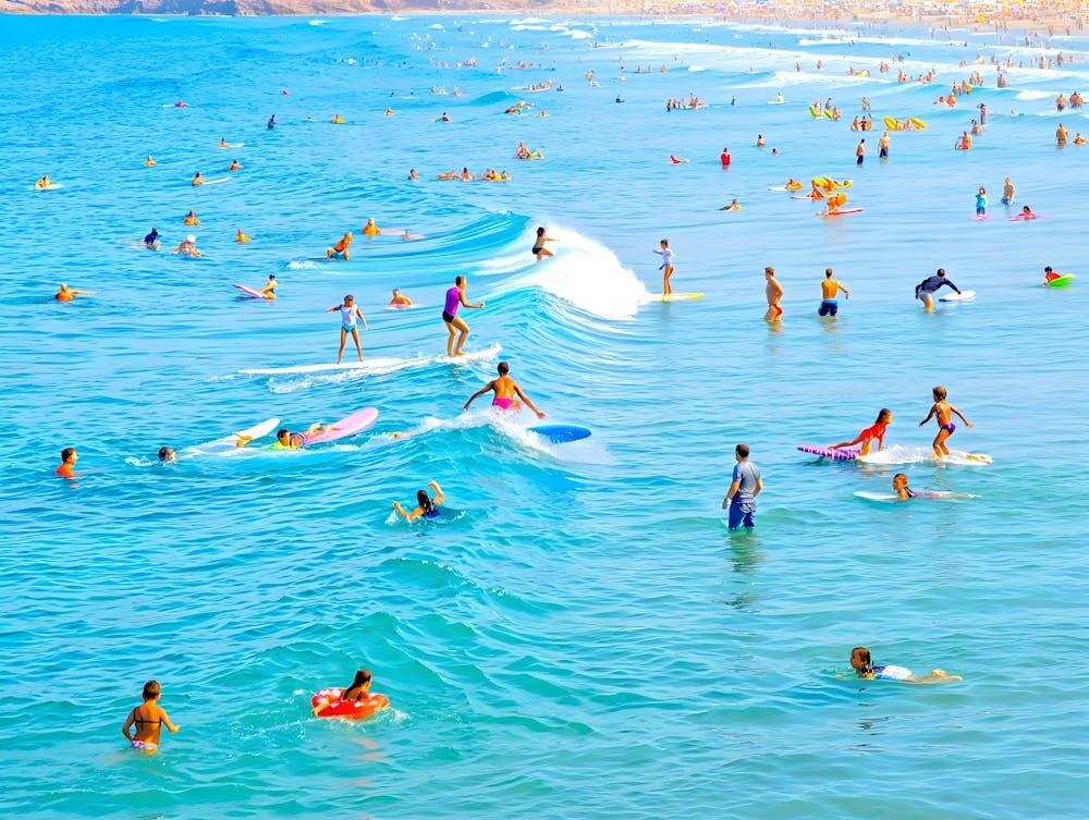 Crowded Beach With Surfers