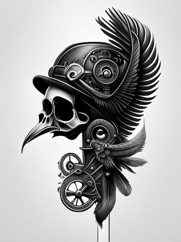 Skull With Bird Motifs 4 Colourful Stream Punk