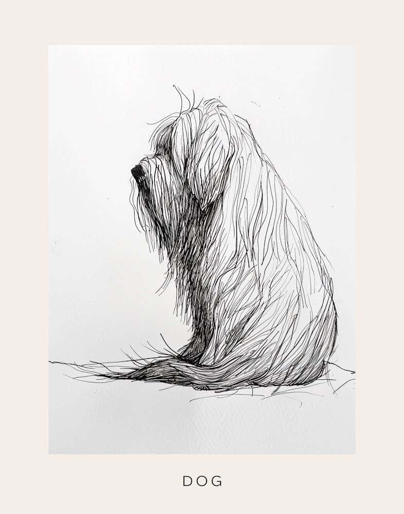 Hairy Dog Black & White Line Sketch Poster
