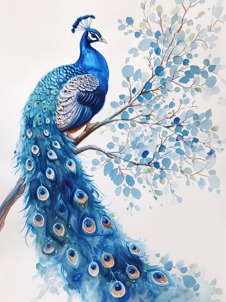 Watercolour Peacock On The Tree Branch 2