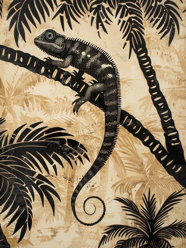 Chameleon In The Palm Trees Block Print 5