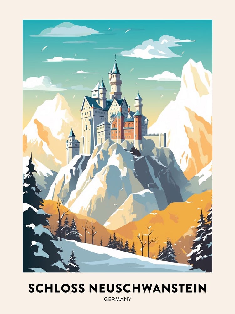Vintage Winter Travel Poster Schloss Neuschwanstein Germany 1