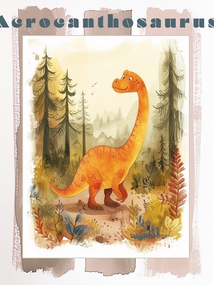Cute Cartoon Acrocanthosaurus Dinosaur Watercolour 5 Poster