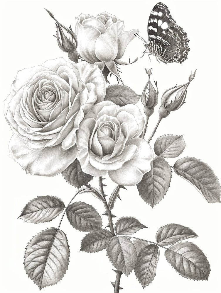 Rose With Butterfly Line Drawing 1