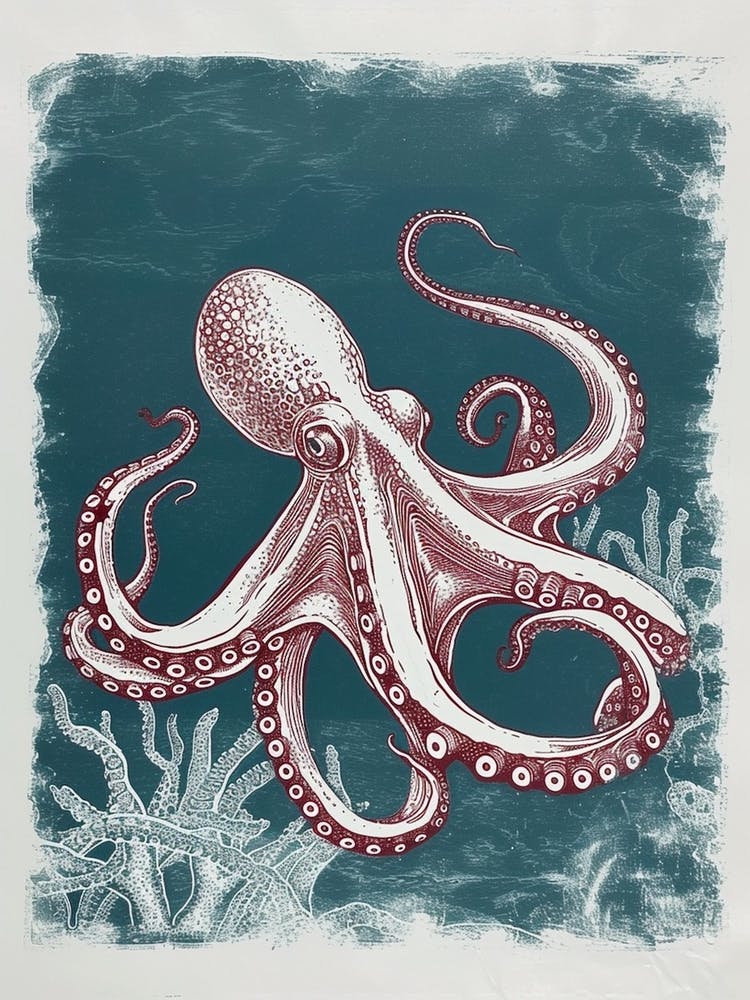 Linocut Inspired Navy Red Octopus With Coral 5