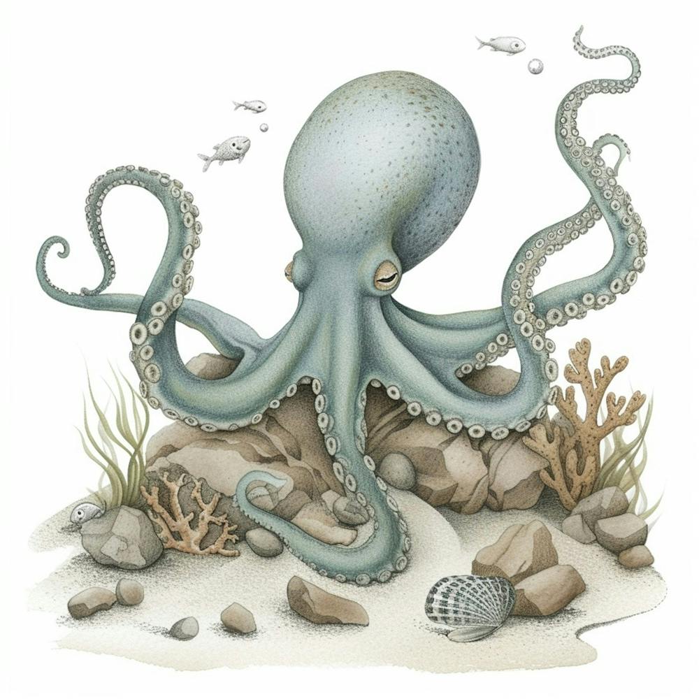 Sleepy Storybook Style Octopus On The Rocks 1