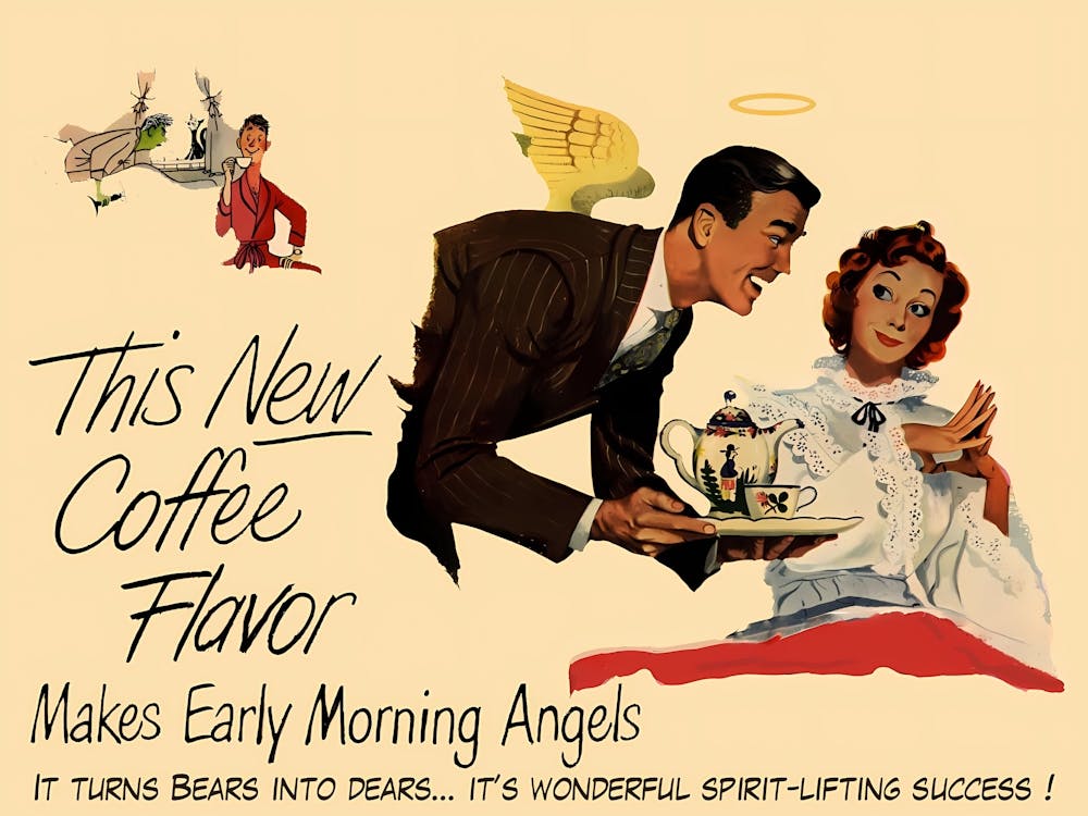 Early Morning Angel, a helpful husband and a demanding wife, Funny Vintage Advertisement For Coffee