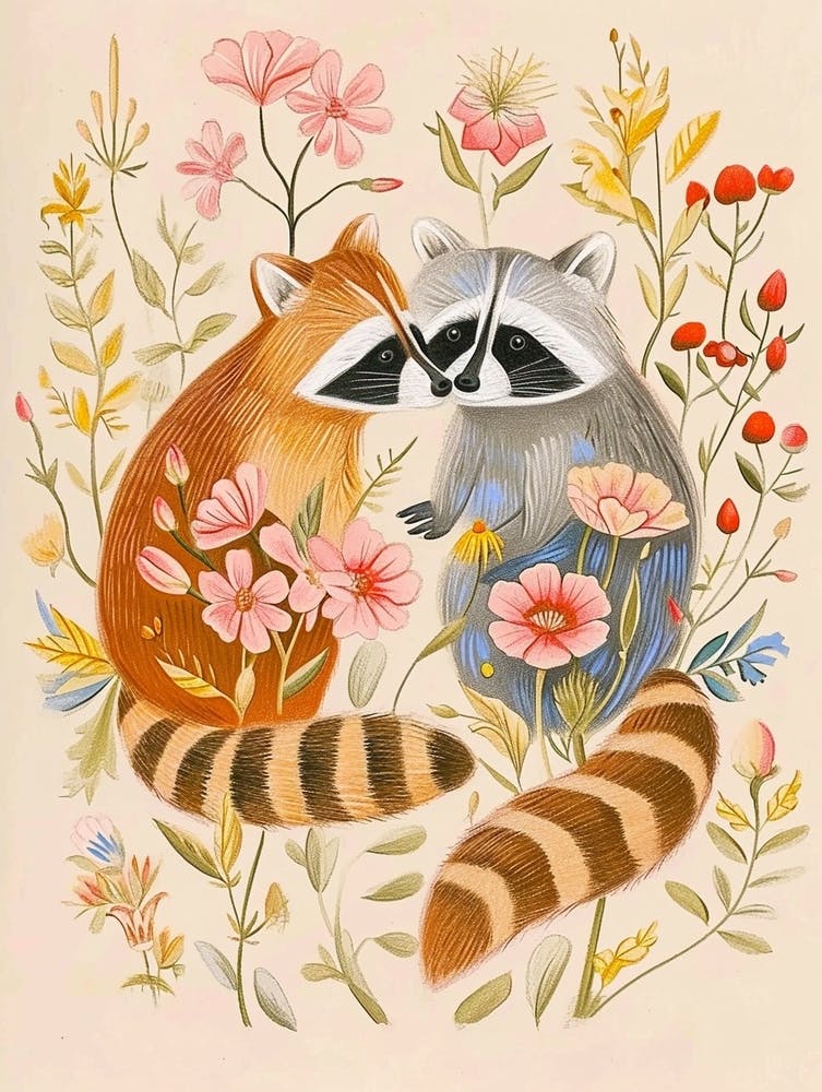 Folkloristische Blumen Tierzeichnung Waschbär 3