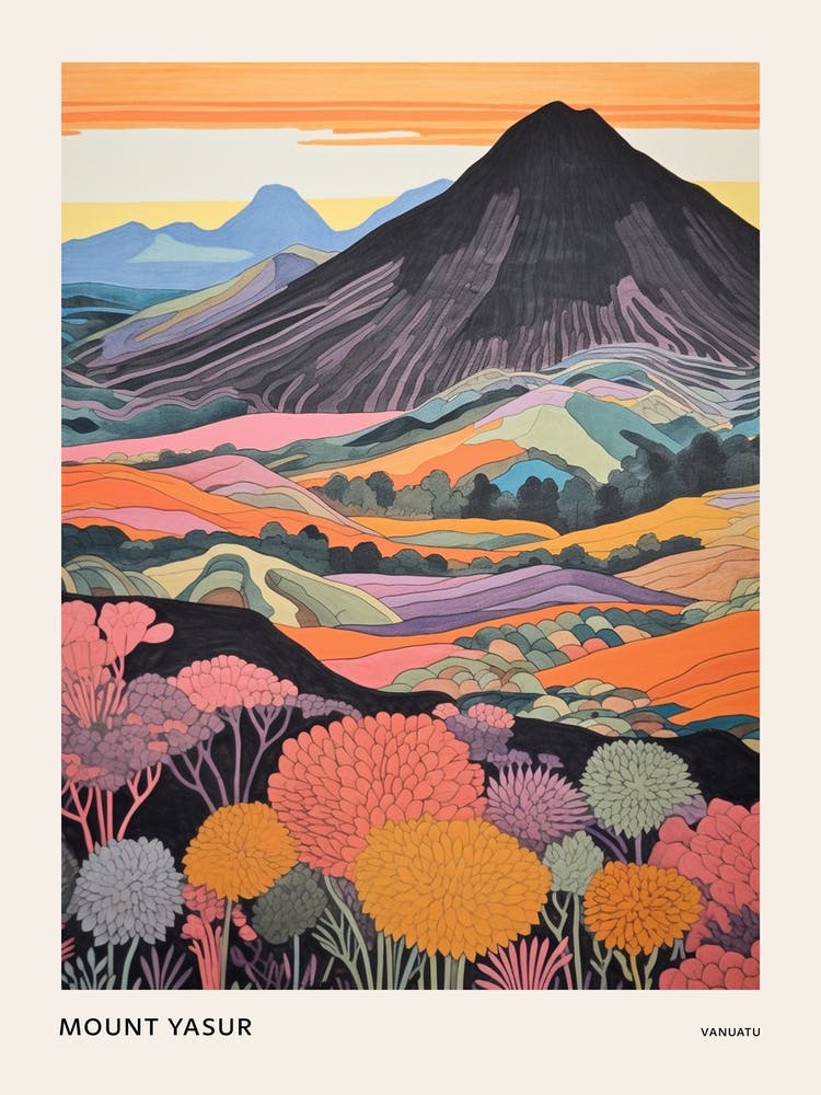 Mount Yasur Vanuatu 3 Colourful Mountain Illustration Poster