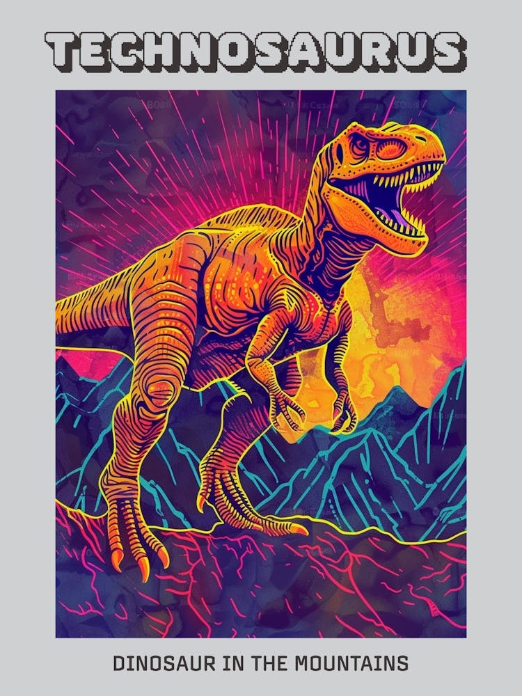 Neon Linework Dinosaur In The Mountains Poster