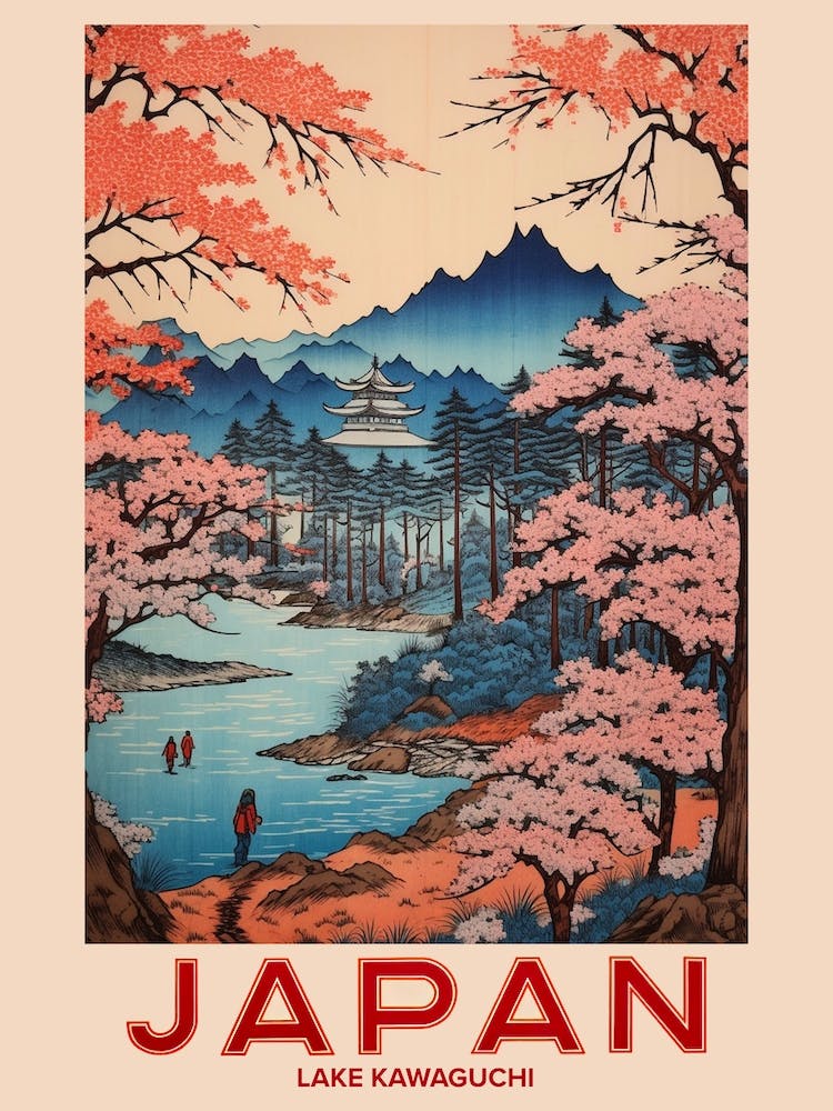 Lake Kawaguchi, Visit Japan Vintage Travel Art 4