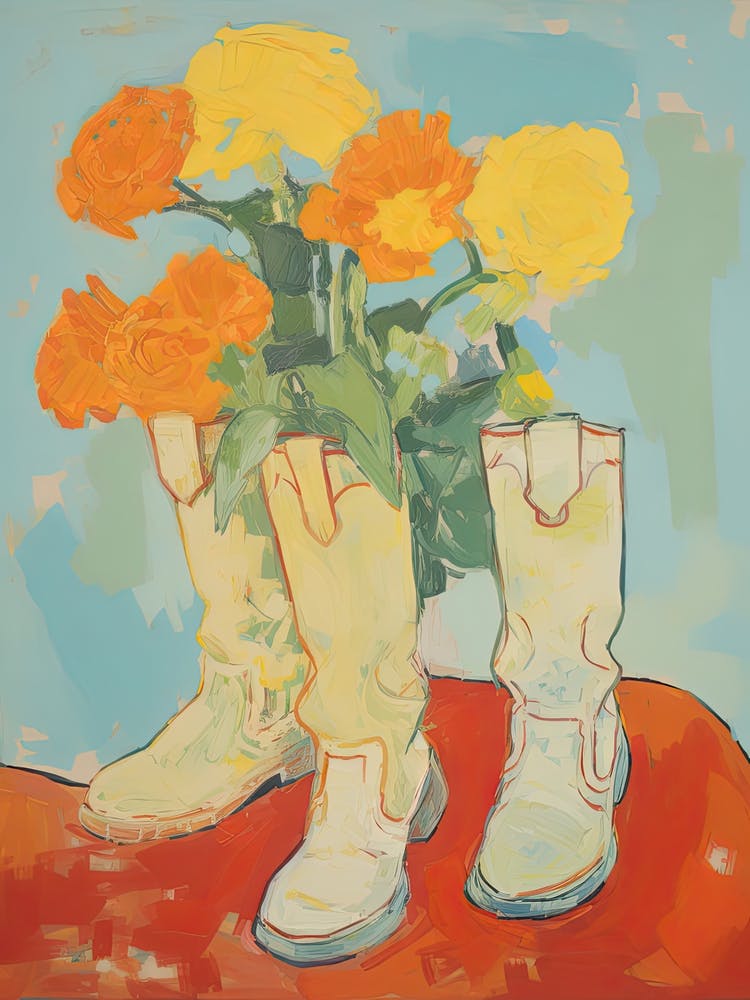 Painting Of Orange Flowers And Cowboy Boots, Oil Style 8