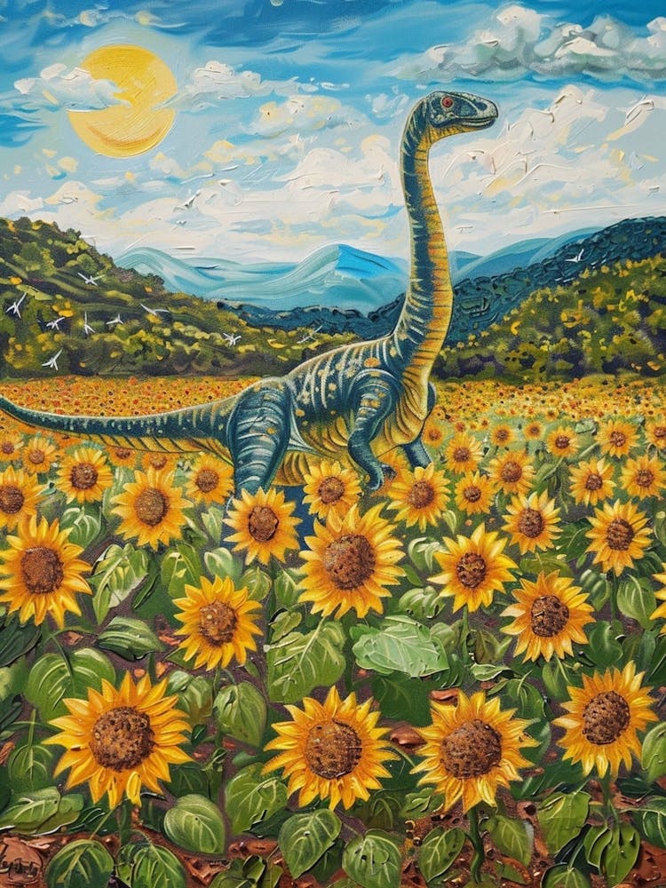 Dinosaur In A Field Of Sunflowers Painting 1