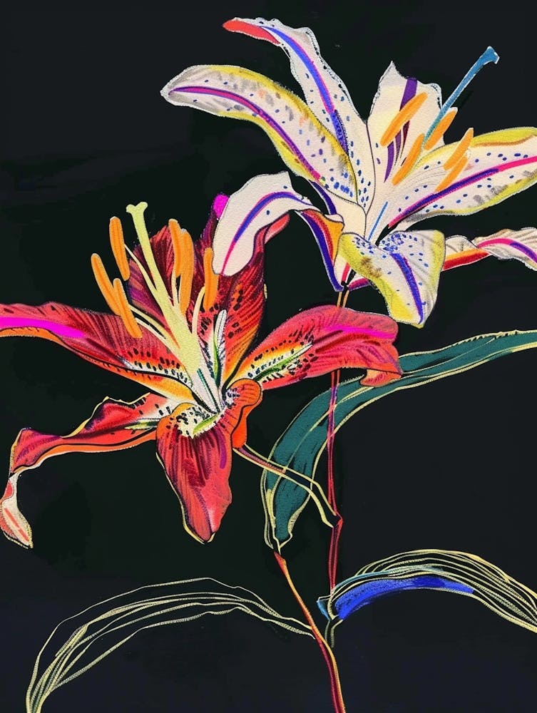 Neon Blumen auf Schwarz - Lilie 4