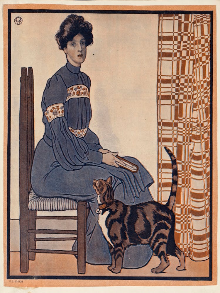 Woman Sitting On A Chair Holding A Book With A Cat Looking On, Edward Penfield
