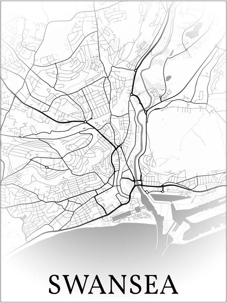 Swansea, Wales, Uk, City Map, Black And White Fade Design