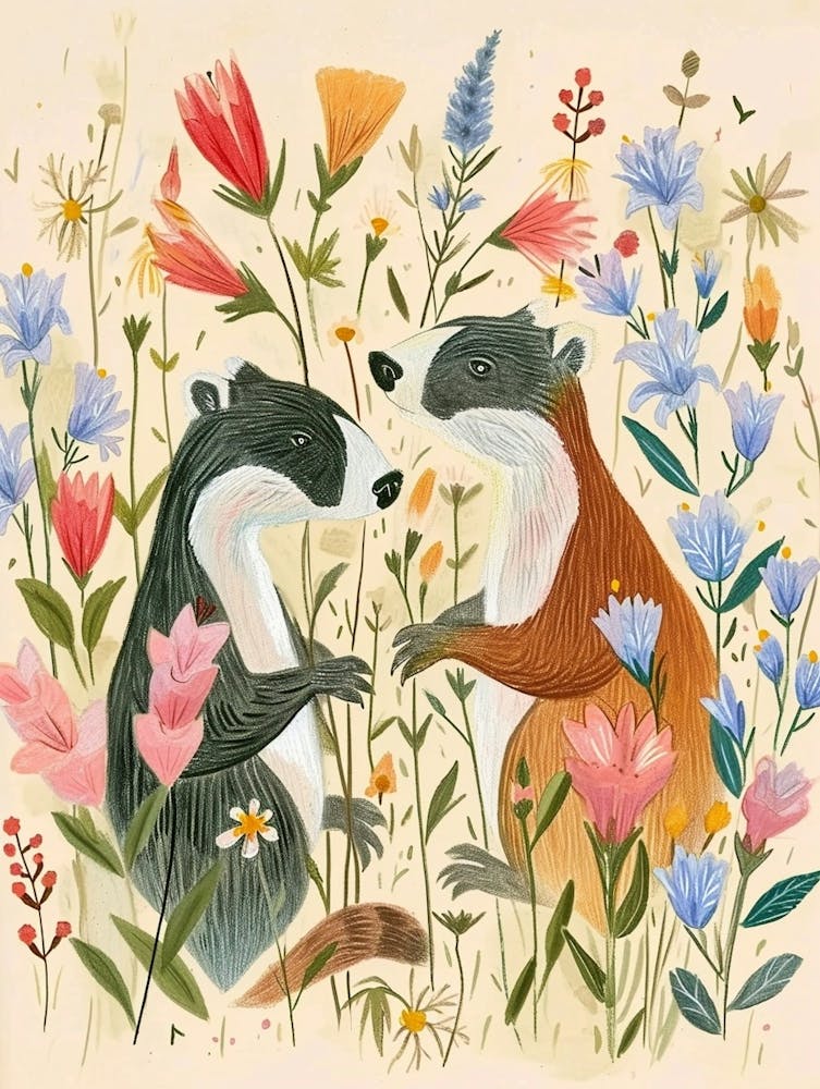 Folksy Floral Animal Drawing Badger 3
