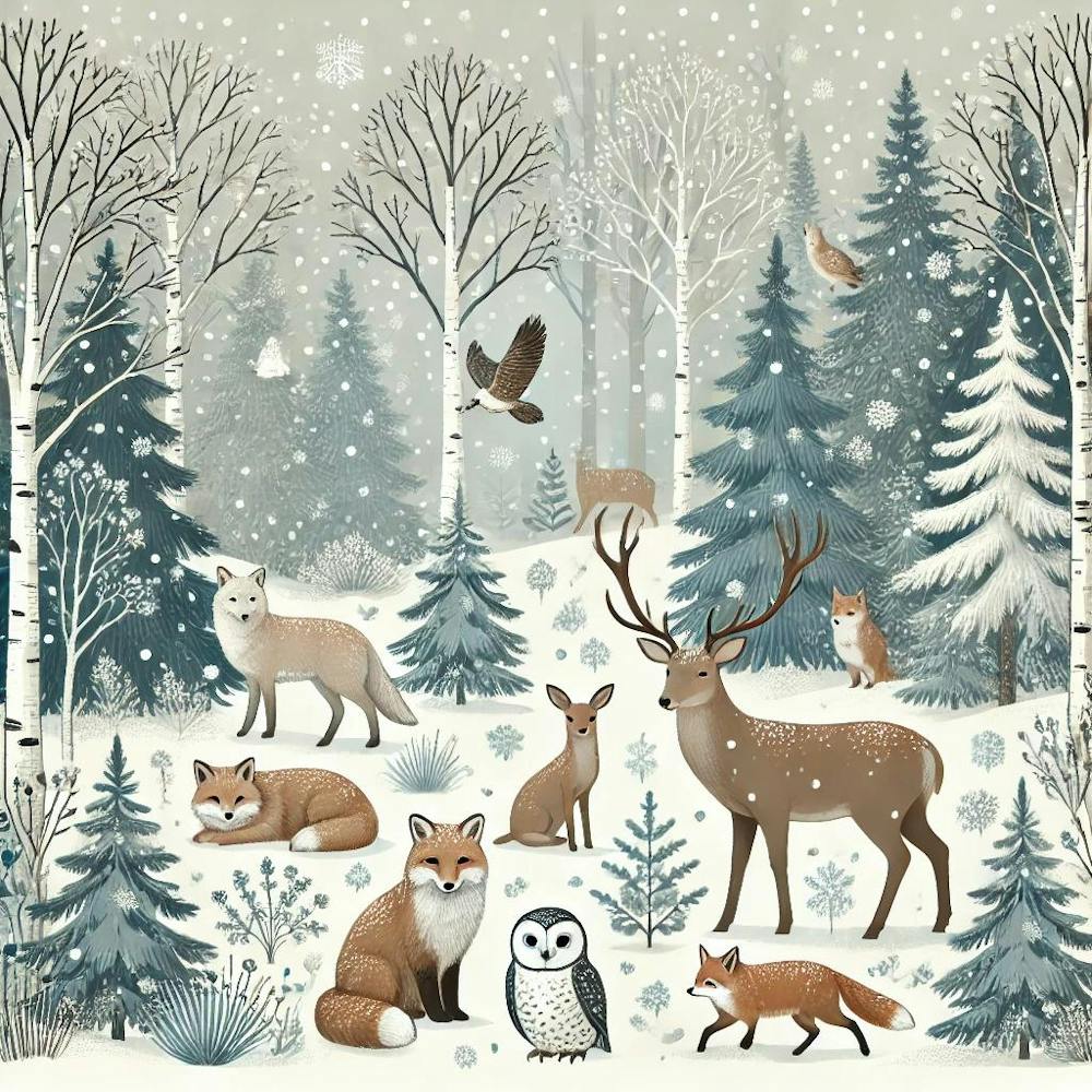Winter Wildlife In Snowy Forest Printed Art A Serene Illustration Of Winter Wildlife In A Peaceful Snow Covered Forest, Perfect For Bringing The Beauty Of Nature And The Calm Of Winter Into Any Sp