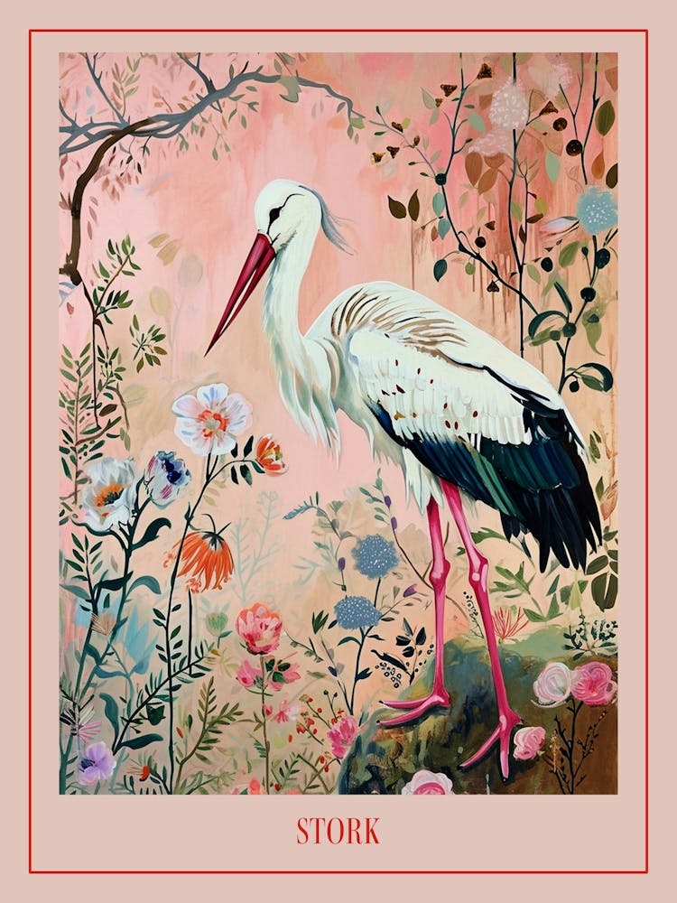 Floral Animal Painting Stork 2 Poster