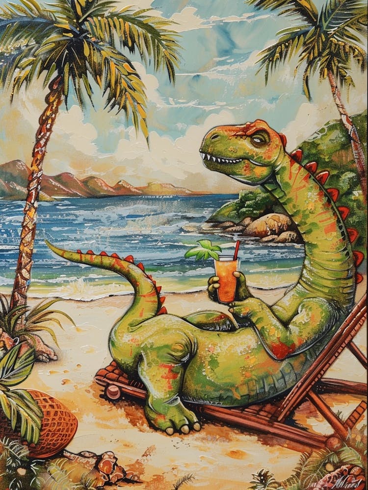 Dinosaur On A Sun Lounger With A Cocktail Painting 2