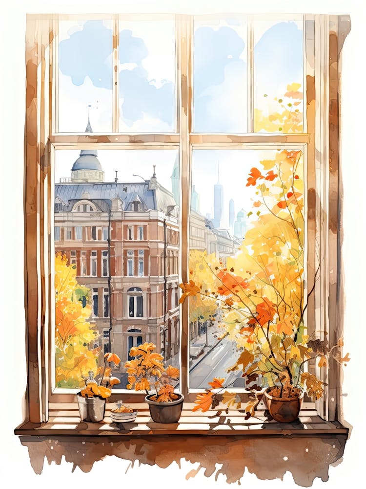 Window View Of Riga Latvia In Autumn Fall, Watercolour 4