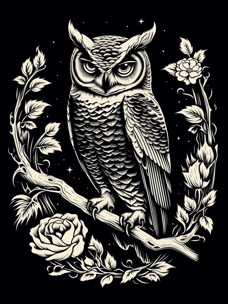 B&W Bird Linocut Great Horned Owl 2