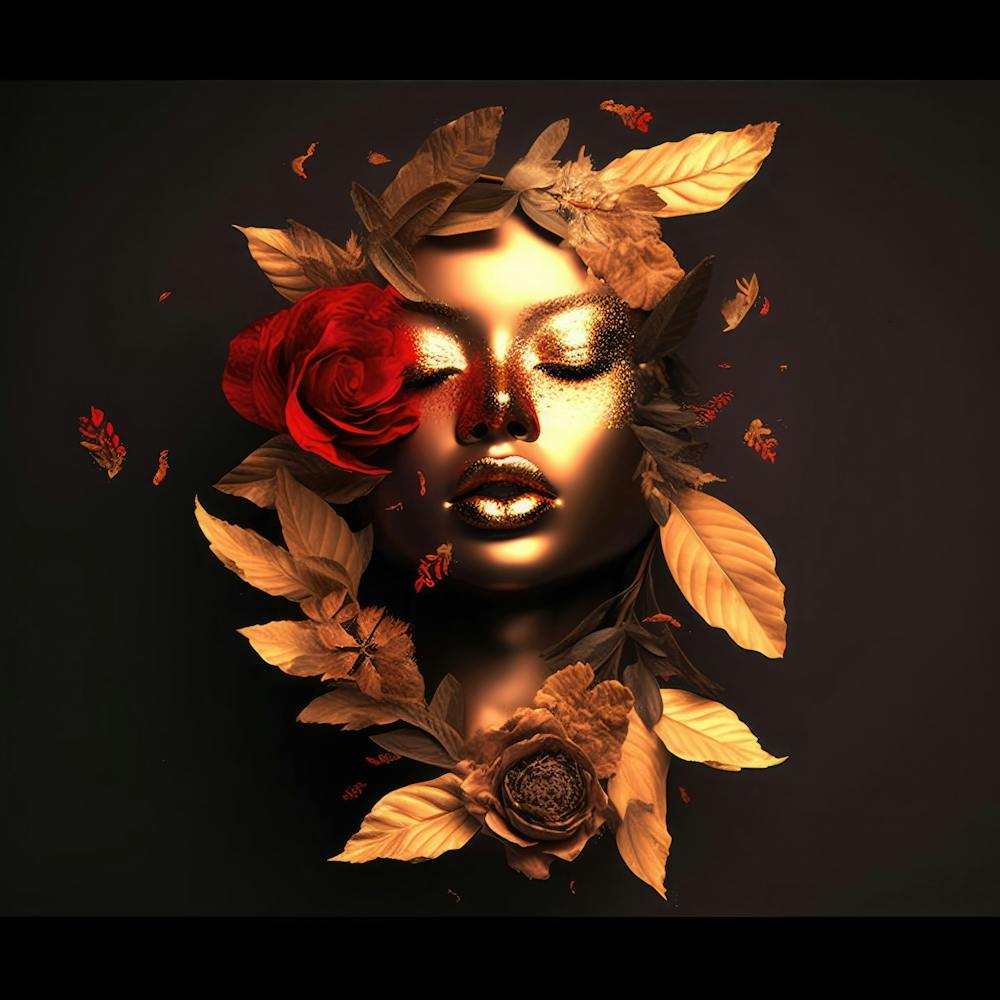 Serene Woman in Profile with Rose Behind Ear and Leaves Adorning Her Face, Featuring Soft, Muted Colors.