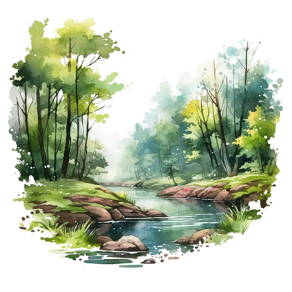 Watercolor Landscape In The Forest