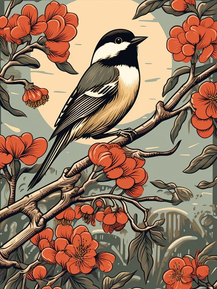 Vintage Bird Linocut Carolina Chickadee 3