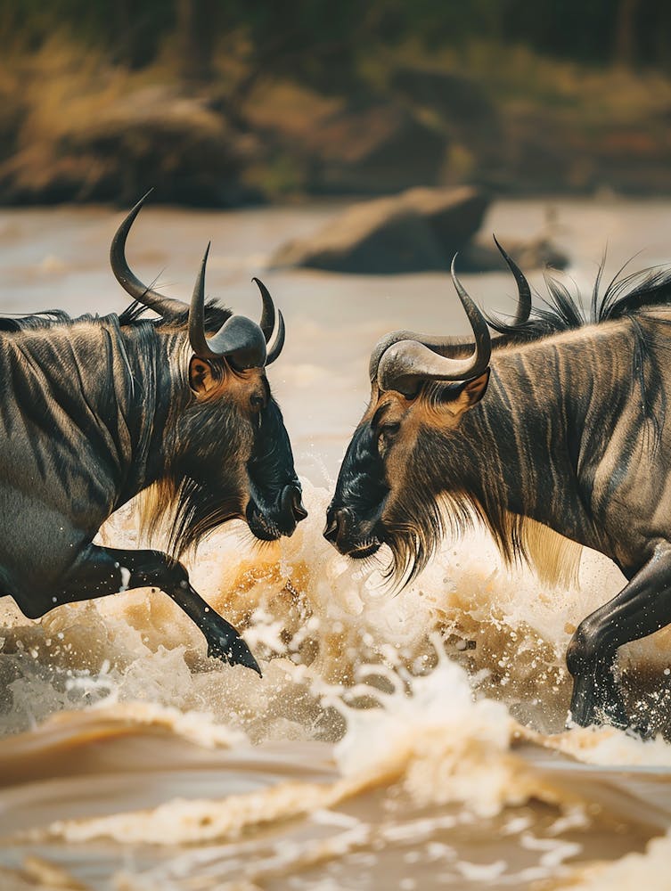 Wildebeest Fighting In The River